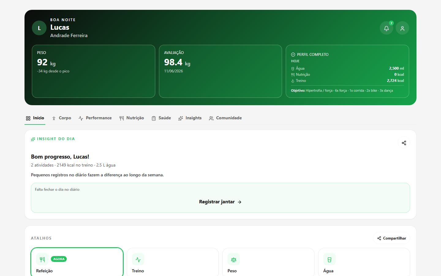 BodyMap — tela inicial com insight do dia e resumo